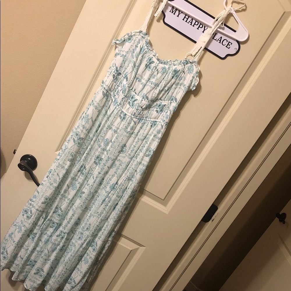 Light Blue Floral Maxi Sundress with Smocked Bodice